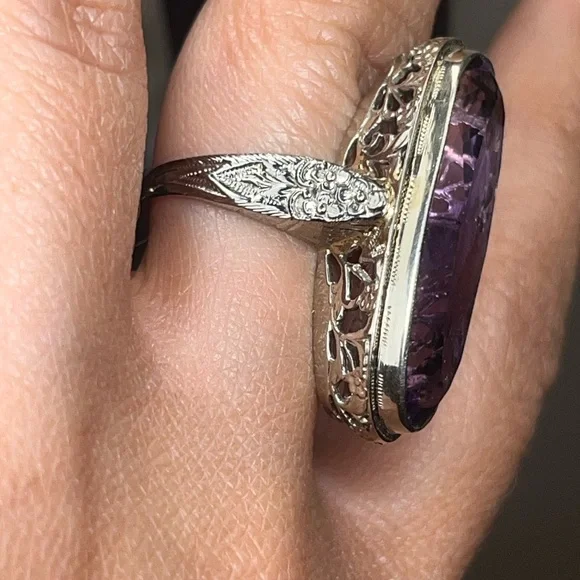 ANTIQUE 18K WHITE GOLD FILIGREE RING with FINE NATURAL  AMETHYST,ART DECO,1920's - Picture 7 of 9
